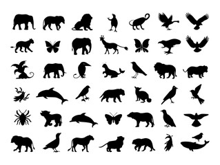 Collection of animal silhouettes including mammals birds insects  isolated on transparent background, no background