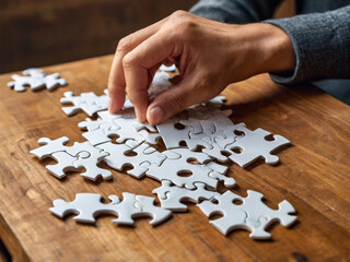 Person assembling a white jigsaw puzzle on wood
