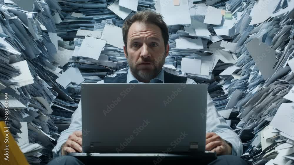 Poster a man sits in front of a computer, surrounded by a large pile of papers. the scene suggests an overw
