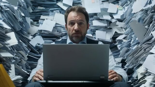 A man sits in front of a computer, surrounded by a large pile of papers. The scene suggests an overwhelmed professional trying to manage and process the paperwork.
