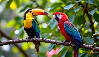 a pair of vibrant parrots perched side by side on a branch in a lush, tropical environment