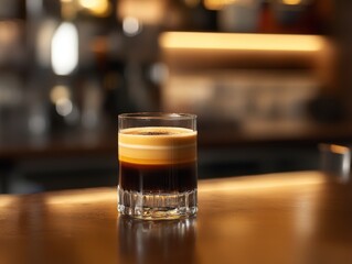 A stylish bar counter with a freshly prepared Carajillo cocktail in a glass, showing off its rich espresso and vanilla liqueur layers