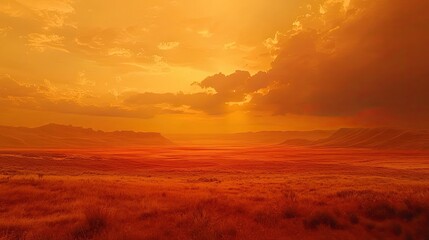 Breathtaking Sunset Over Vast Desert Landscape with Fiery Orange Sky and Rolling Hills in the Distance Captured in Warm Tones