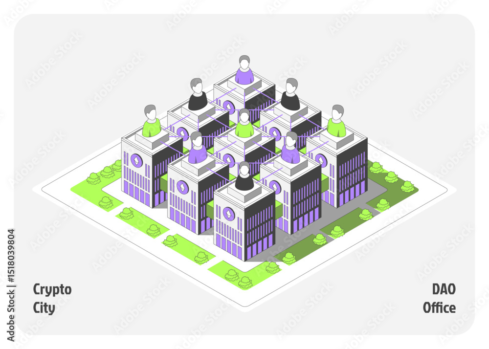 Poster cartoon color dao office building architecture crypto city concept 3d isometric view line elements. 