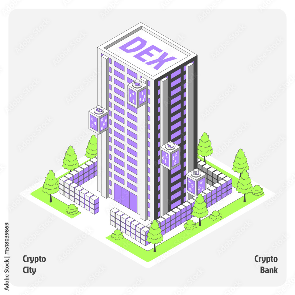 Aufkleber cartoon color dex building architecture crypto city concept 3d isometric view line elements. vector 