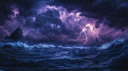 Fototapeta premium Dramatic Stormy Sea Under Night Sky Illuminated by Lightning Strikes and Dark Clouds in a Captivating Display of Nature's Power and Beauty