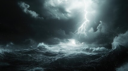 Dramatic Storm Over Ocean Waves with Dark Clouds and Lightning Illuminating the Sea in a Chaotic Night Sky