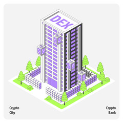 Cartoon Color DEX Building Architecture Crypto City Concept 3d Isometric View Line Elements. Vector illustration of Decentralized Exchange