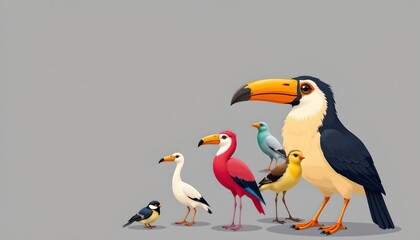Obraz premium a charming and colorful illustration featuring four birds: two eagles and two parrots. they are arranged in a row, seemingly pecking at the ground with their beaks
