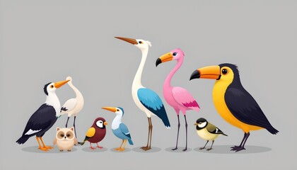an array of birds gathered in a row on what appears to be a ledge or platform. they are various species with distinct colors, ranging from white and gray to vibrant hues of pink and blue