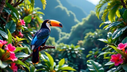 Obraz premium a vibrant tropical setting with a macaw perched on a branch amidst lush greenery. the parrot is in full plumage, displaying its distinctive colors and patterns