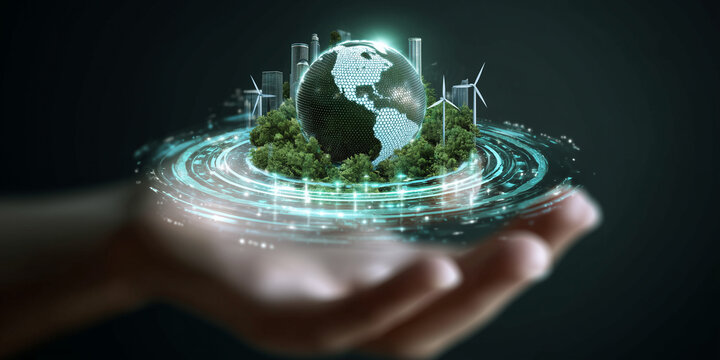  Holographic eco-Earth with renewable energy icons floating above palm.
