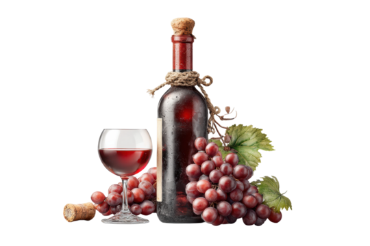 PNG Red wine bottle with grapes and glass on black background