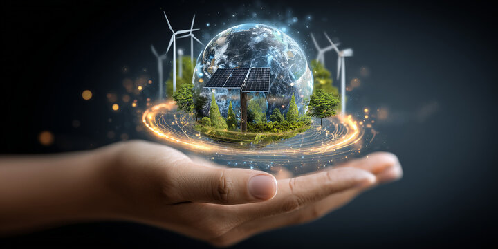  Holographic eco-Earth with renewable energy icons floating above palm.
 - Powered by Adobe