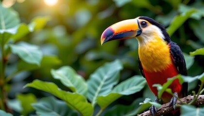 Obraz premium a vibrant tropical parrot perched on a branch in what appears to be a lush, verdant environment. the parrot stands out against the backdrop with its bright plumage and contrasting red beak