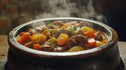 Savory beef stew with fresh vegetables and herbs simmering in steam, served in a rustic pot on a wooden table, perfect for comfort food photography.