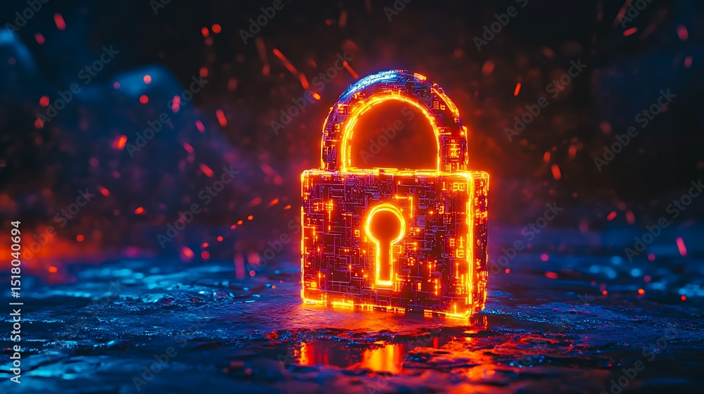 Poster glowing cyber security padlock digital data protection encryption safety privacy technology concept
