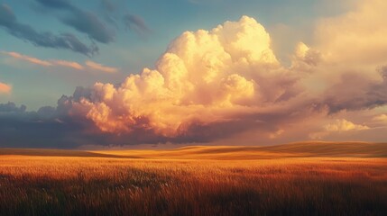 Dramatic Sunset Over Golden Field with Rolling Hills and Lush Grass Reflecting Warm Light and Colorful Skies with Soft Cotton Clouds Above