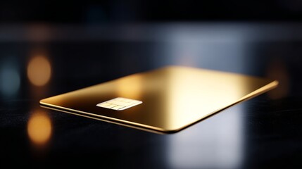 A sleek gold card lies on a dark surface. Its shiny finish reflects light beautifully. This image captures luxury and modern technology. Perfect for finance themes. AI