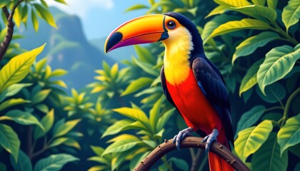Obraz premium a vibrant toucan perched on a branch in a tropical setting, surrounded by lush greenery
