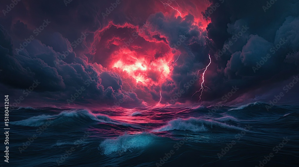 Poster captivating apocalyptic sky over dark ocean waves with lightning strikes and dramatic clouds illumin
