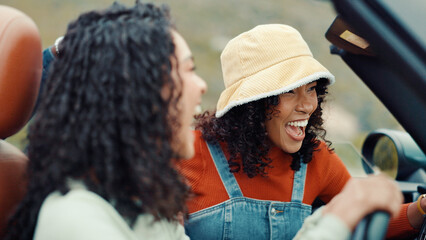 Women, road trip and happy friends laughing in car for holiday, travel or vacation. Outdoor adventure, drive and girls with funny joke, smile or motor vehicle for weekend getaway, humor or tourism