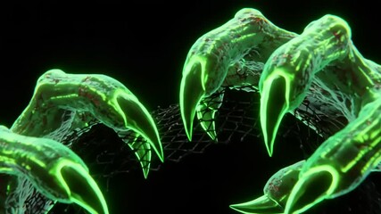 Glowing green claws emerging from darkness, creating an eerie atmosphere for horror themes