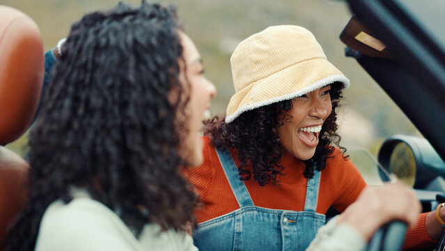 Women, road trip and happy friends laughing in car for holiday, travel or vacation. Outdoor adventure, drive and girls with funny joke, smile or motor vehicle for weekend getaway, humor or tourism