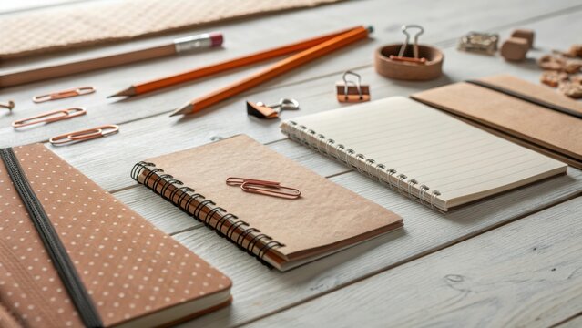 A composition featuring notebooks pencils paperclips and stationery items arranged on a light wooden surface
