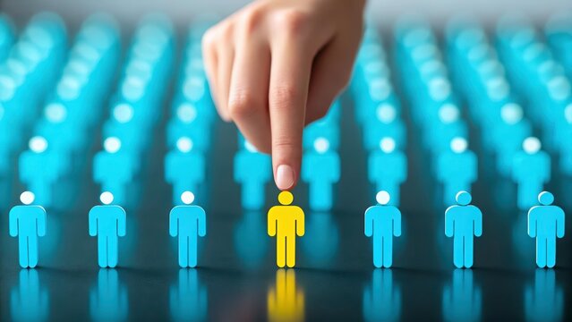 A hand selecting the right candidate from a group of employees representing human resources and recruitment