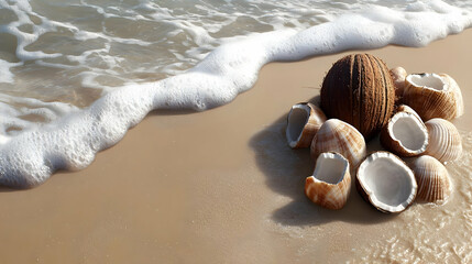 Tropical Beach Scene With Coconuts And Waves