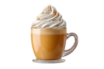 PNG Glass mug of pumpkin spice latte with whipped cream on top