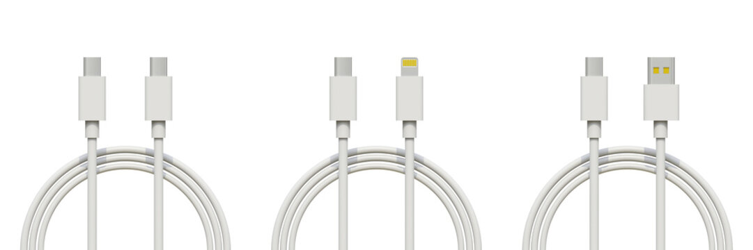 Set of white usb, type c, type c lightning and micro usb charge cable on isolated background. Charging cables of smartphone.