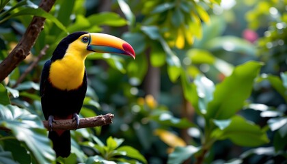 Fototapeta premium a vibrant parrot with multicolored feathers is perched on a branch in a lush, tropical garden setting, surrounded by verdant leaves against a backdrop of sunlight filtering through the canopy above