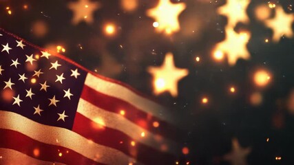 American flag waving against backdrop of fireworks explosions. - Powered by Adobe