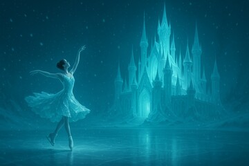 Dance performance on ice in a mystical winter wonderland with a castle backdrop during twilight hours
