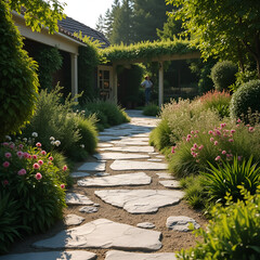 Obraz premium A flagstone pathway winds through a lush, sun-dappled garden leading towards a distant house and pergola.