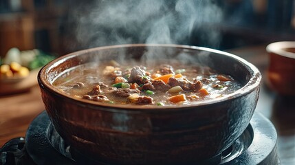 Delicious steaming bowl of hearty beef stew with colorful vegetables and aromatic herbs in a rustic kitchen setting ready to be served.