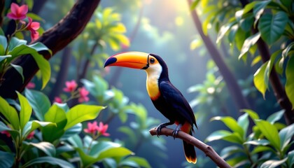 Obraz premium we see a vibrant tropical setting with lush greenery. the main focus is a colorful toucan perched on a branch. it is surrounded by various plants and trees that add to the tropical ambiance