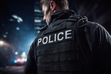 Police Officer in Tactical Vest at Night, Representing Law Enforcement and Public Safety, a Symbol of Protection and Security in the Community : Generative AI