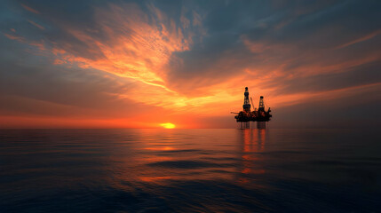 Fototapeta premium Oil Rig Silhouette At Dramatic Sunset Over Calm Water