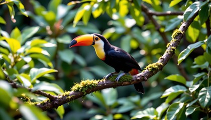 Obraz premium this is a photograph of a vibrant parrot perched on a branch in what appears to be a lush green environment, possibly a tropical forest or garden