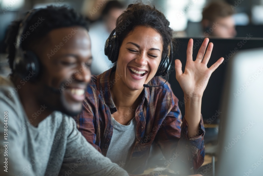 Poster Smiling Woman Waving During Video Call in Open Office, Representing Remote Communication and Digital Connection for Modern Business : Generative AI