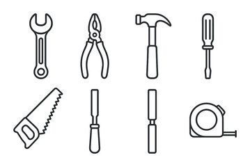 Obraz premium Tool set. basic hand tools flat icons. wrench, saw, pliers, hammer, screwdriver vector icons.