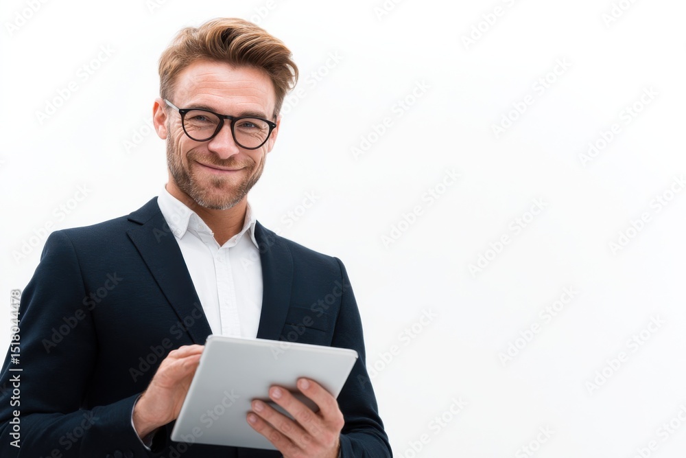 Poster smiling businessman holding tablet on white background, representing digital transformation and mode