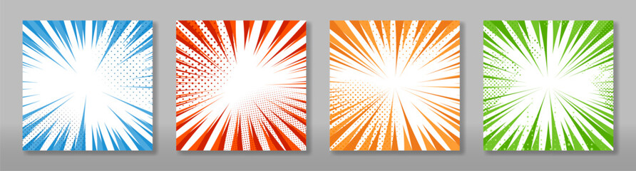 Set of comic pop art card. Vintage retro design. Radial backdrop with halftone elements and bubble.