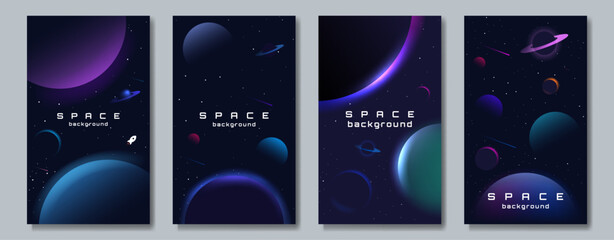 Set of space posters. Design for greeting brochures, invitation, flyer, poster, background. Vector illustration. Template for invitation. 