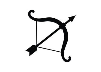 Simple black silhouette illustration of a bow and arrow with curved shape and pointed arrowhead on white background