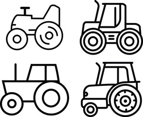 Agriculture farm tractor black outline icons set. Construction vehicle silhouette signs. Elements suitable for any business related to farm industries. Vectors representing farming and rural life.