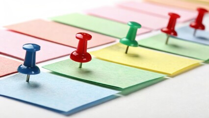 Obraz premium Colorful push pins in various colors securing arranged sticky notes representing organization and planning concepts
